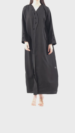 Black Emarati Crepe Abaya with Overlap and Leaf Embellishment