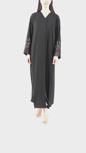Black Classic Nada Custom Abaya with Sleeve Pintucks and Organza Trim