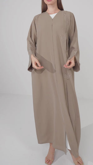 Beige Tokyo Crepe Abaya with Klosh Cut and Front Embroidery Detail