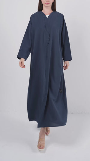Blue Nova Crepe Abaya with Curved Overlap and Pleat Detail