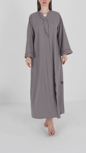 Beige Aroma Crepe Abaya with Beaded Trim Detailing
