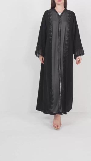 Black Royal Nada Abaya with Tatreez Leaf Embroidery