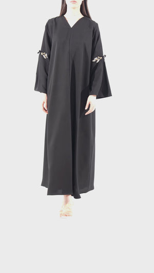 Black Emarati Crepe Custom Abaya with Gold Sleeve Embroidery and Tie Finish
