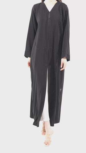 Black Amara Crepe Custom Abaya with Self-Color Beadwork on Front and Sleeves