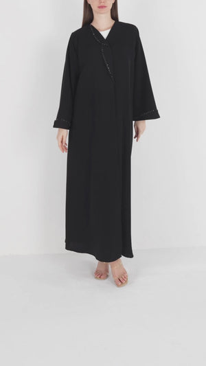 Black Reya Crepe Abaya with Beaded Trim Detailing