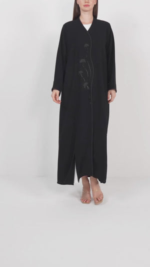 Black Wave Crepe Custom Abaya with Floral Beadwork and Green Piping