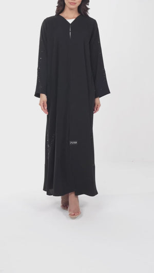 Black Farasha Crepe Custom Abaya with Beaded Curve Detail