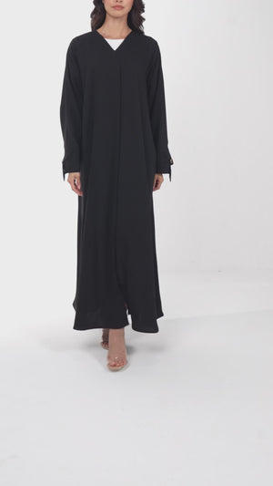 Black Layan Crepe Abaya with Petal Sleeve Button Detail