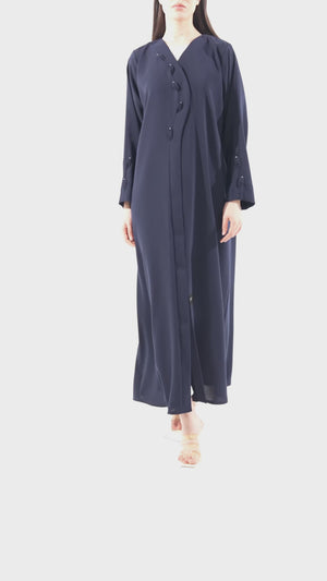 Blue Wave Crepe Abaya with Overlap and Leaf Embellishment