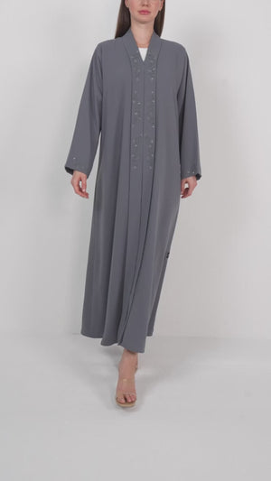 Grey Zoe Crepe Abaya with Beaded Front Panels