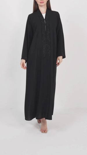 Black Shafa Crepe Abaya with Beaded Front Panels