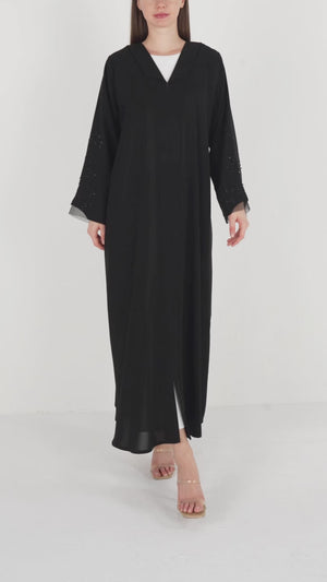 Black Shafa Crepe Abaya with Beaded Sleeve Detail