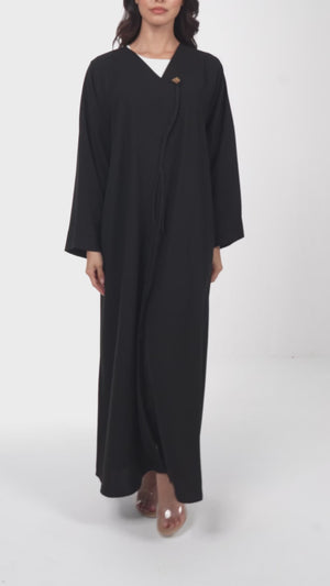 Black Jaime Crepe Abaya with Braided Dori and Button Accent