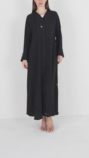 Black Fiona Jacquard Abaya with Butterfly Accent Buttons
