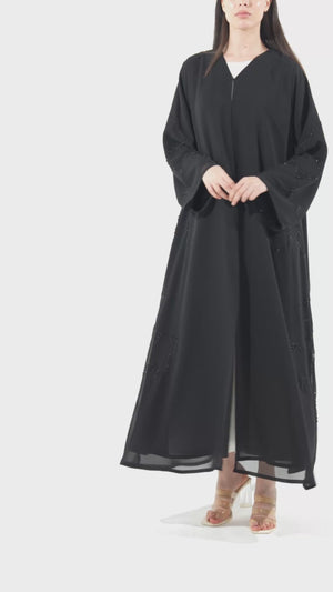 Black Malika Chiffon Custom Abaya with Front Beadwork Detail