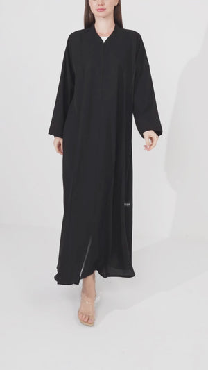 Jet Black Claire Crepe Abaya with Klosh Silhouette and Clean Minimal Finish