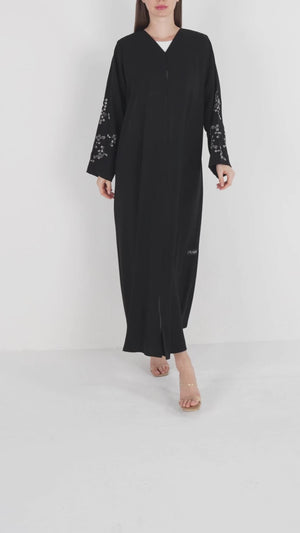 Black Layan Crepe Abaya with Tonal Sleeve Embroidery