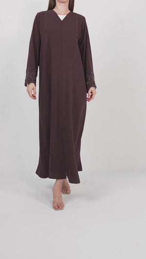 Brown Zoe Crepe Abaya with Beaded Sleeve Embroidery