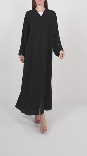 Black Farasha Crepe Custom Abaya with Beaded Sleeve Embroidery