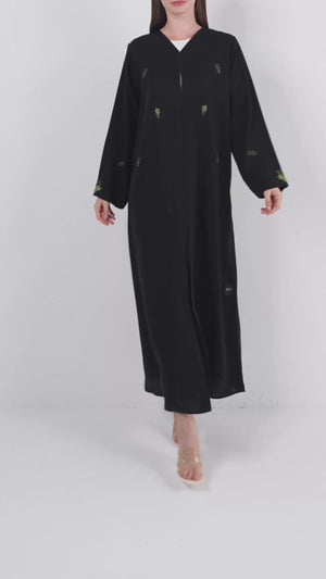 Black Farasha Crepe Custom Abaya with Front Vibrant Floral Scatter Embroidery