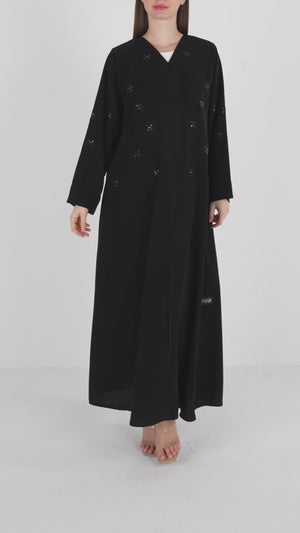 Black Reya Crepe Abaya with Starburst Beadwork