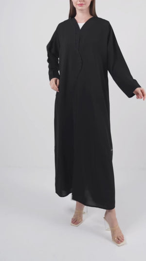 Black Nova Crepe Abaya with Curved Overlap and Pleat Detail