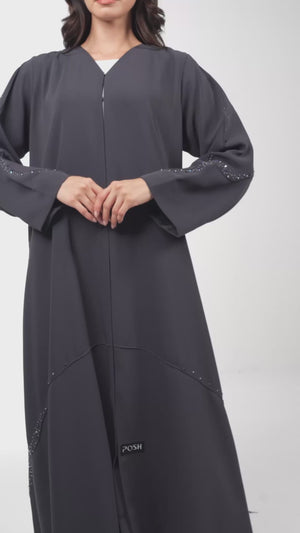 Grey Zoe Crepe Abaya with Beaded Curve Detail