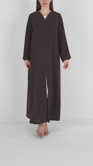 Brown Wave Crepe Abaya with Beadwork Embroidery