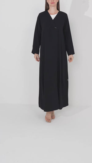 Black Layan Crepe Abaya with Classic Collar Detail