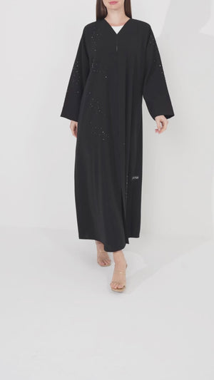 Black Lio Crepe Custom Abaya with Delicate Bead Embellishment