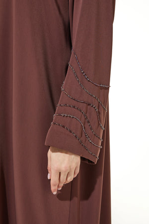 Brown Royal Crepe with Curve Beadwork on Sleeves - Posh Abaya