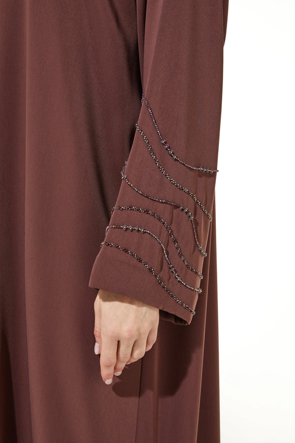 Brown Royal Crepe with Curve Beadwork on Sleeves - Posh Abaya