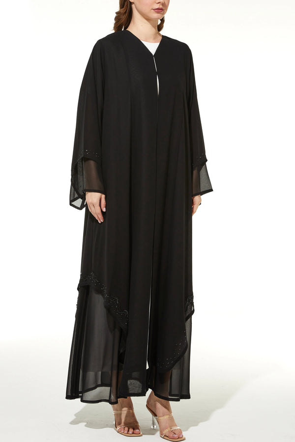 Layered Chiffon with Shiny Beads on Black Custom Abaya
