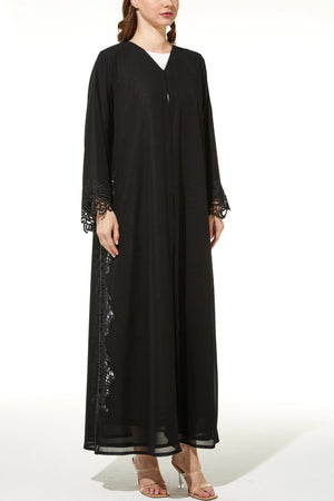 Beaded Lace & Stone Side Flared Black Custom Abaya