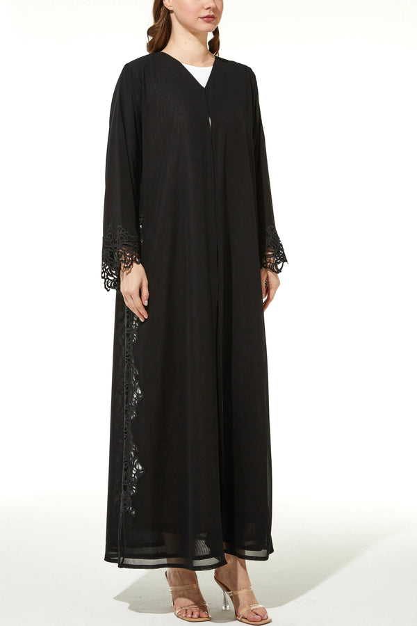 Beaded Lace & Stone Side Flared Black Custom Abaya