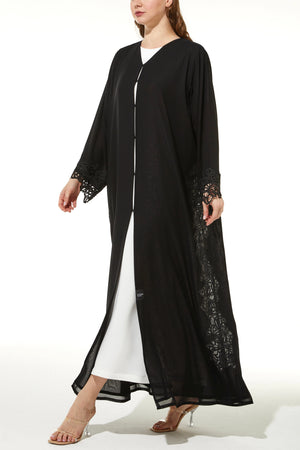 Beaded Lace & Stone Side Flared Black Custom Abaya
