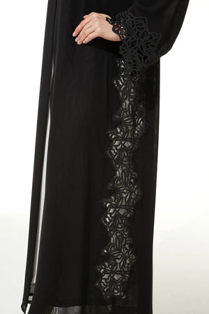 Beaded Lace & Stone Side Flared Black Custom Abaya