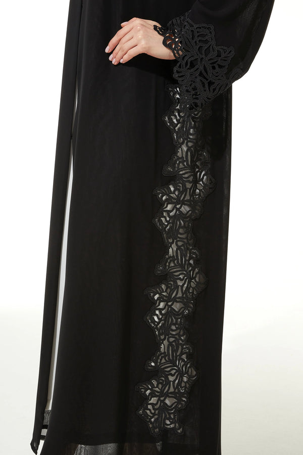 Beaded Lace & Stone Side Flared Black Custom Abaya