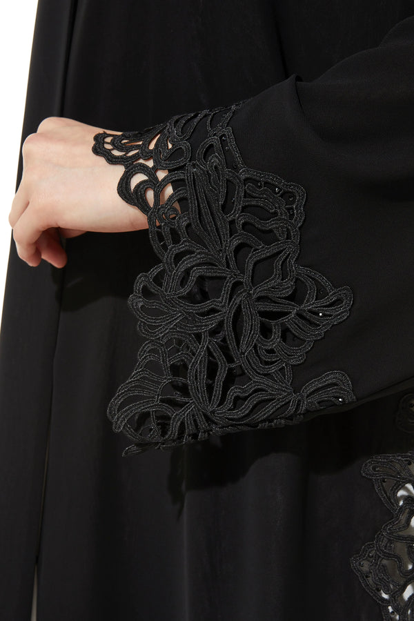 Beaded Lace & Stone Side Flared Black Custom Abaya