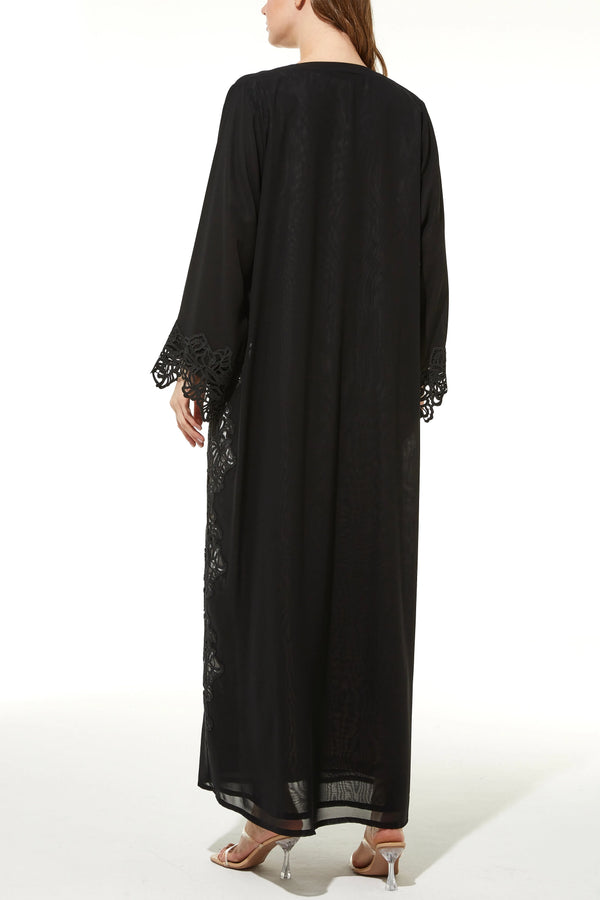 Beaded Lace & Stone Side Flared Black Custom Abaya