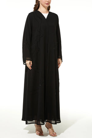 Custom Sleek Curve Bead Flare Chiffon Custom Black Abaya