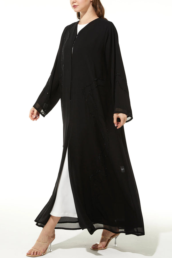 Custom Sleek Curve Bead Flare Chiffon Custom Black Abaya