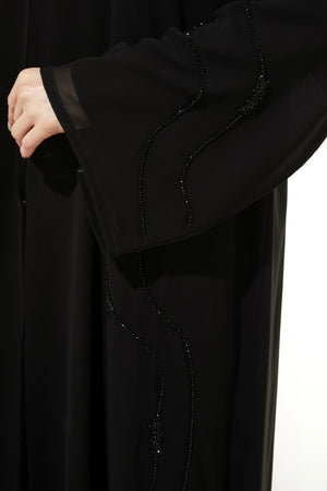 Custom Sleek Curve Bead Flare Chiffon Custom Black Abaya