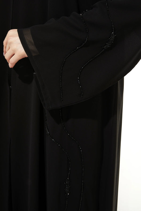 Custom Sleek Curve Bead Flare Chiffon Custom Black Abaya