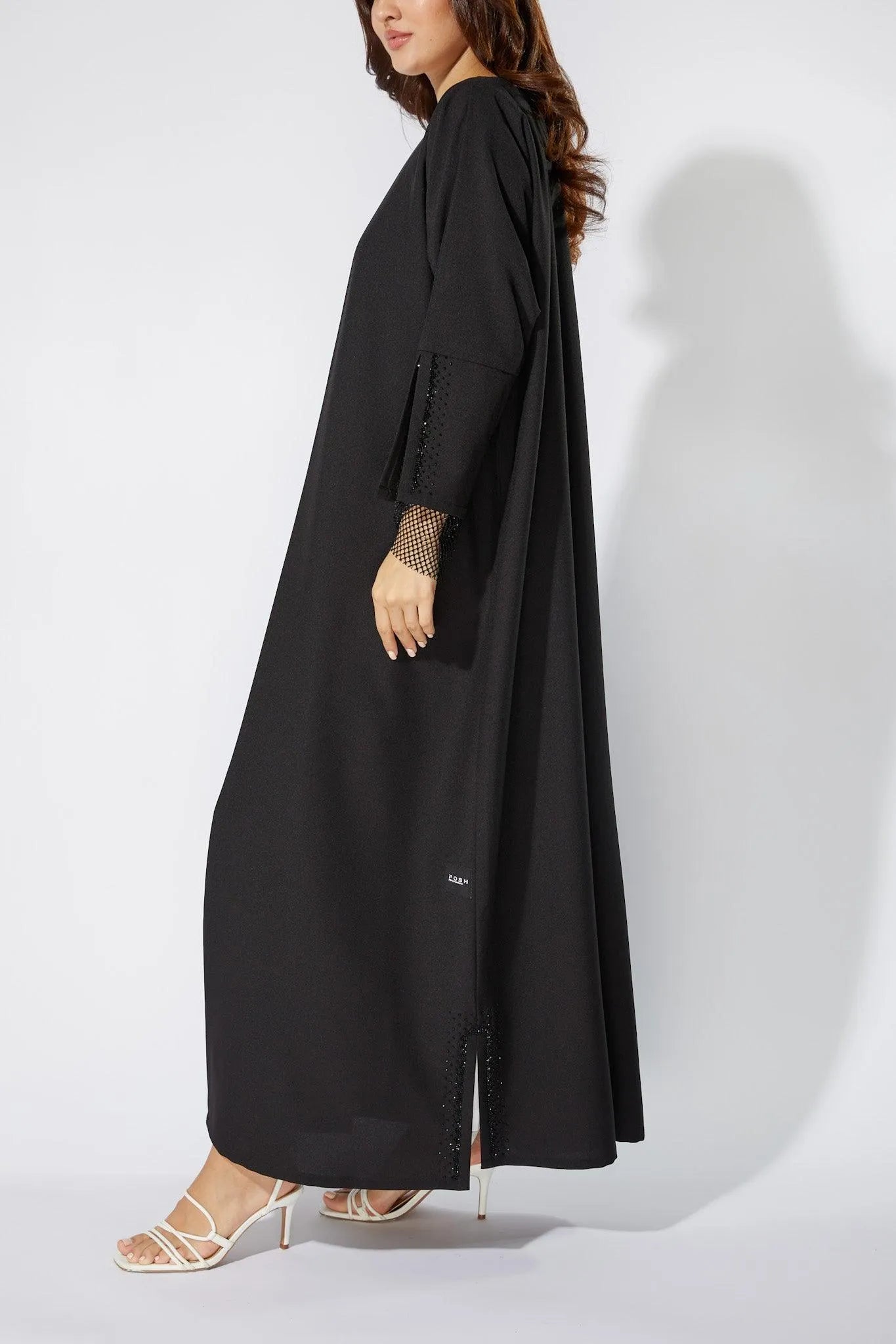 Black Classic Crepe Custom Abaya with Embellished sleeves - Posh Abaya