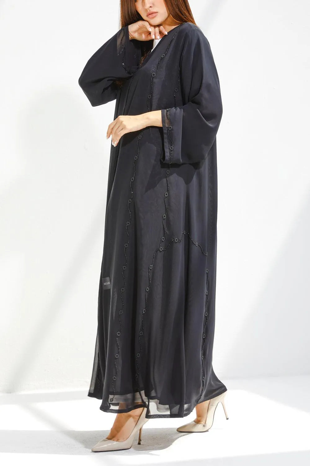 Black Chiffon Flared Custom Abaya with Front Beadwork - Posh Abaya