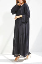 Black Chiffon Flared Custom Abaya with Front Beadwork - Posh Abaya
