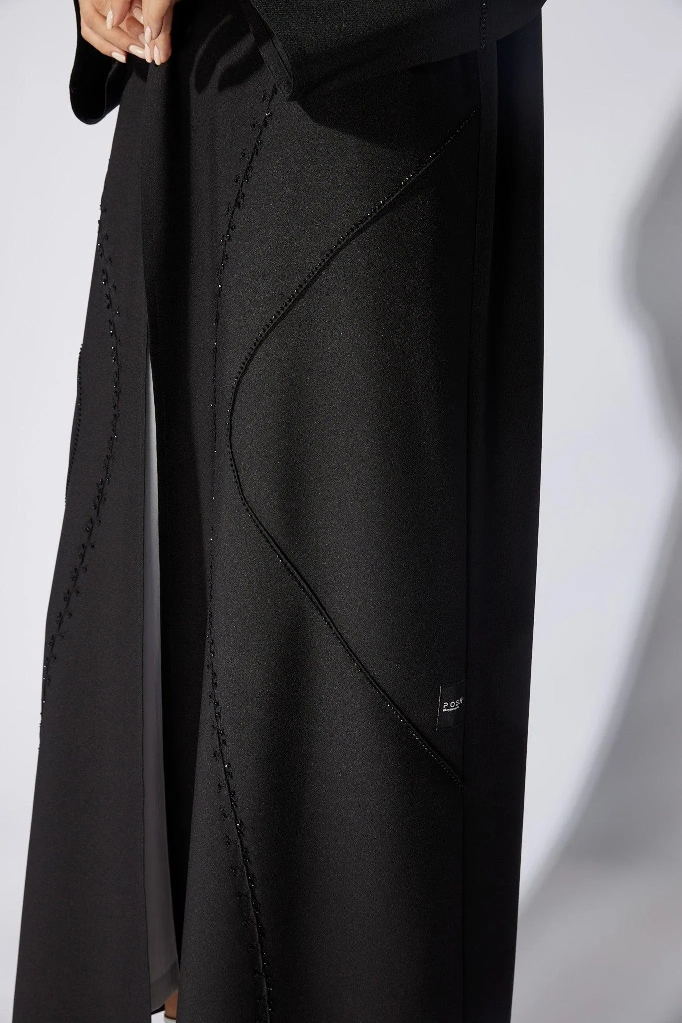 Black Classic Crepe Flared Custom Abaya with Wavy Lines Beadwork - Posh Abaya
