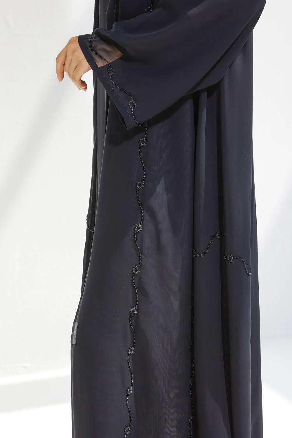 Black Chiffon Flared Custom Abaya with Front Beadwork - Posh Abaya