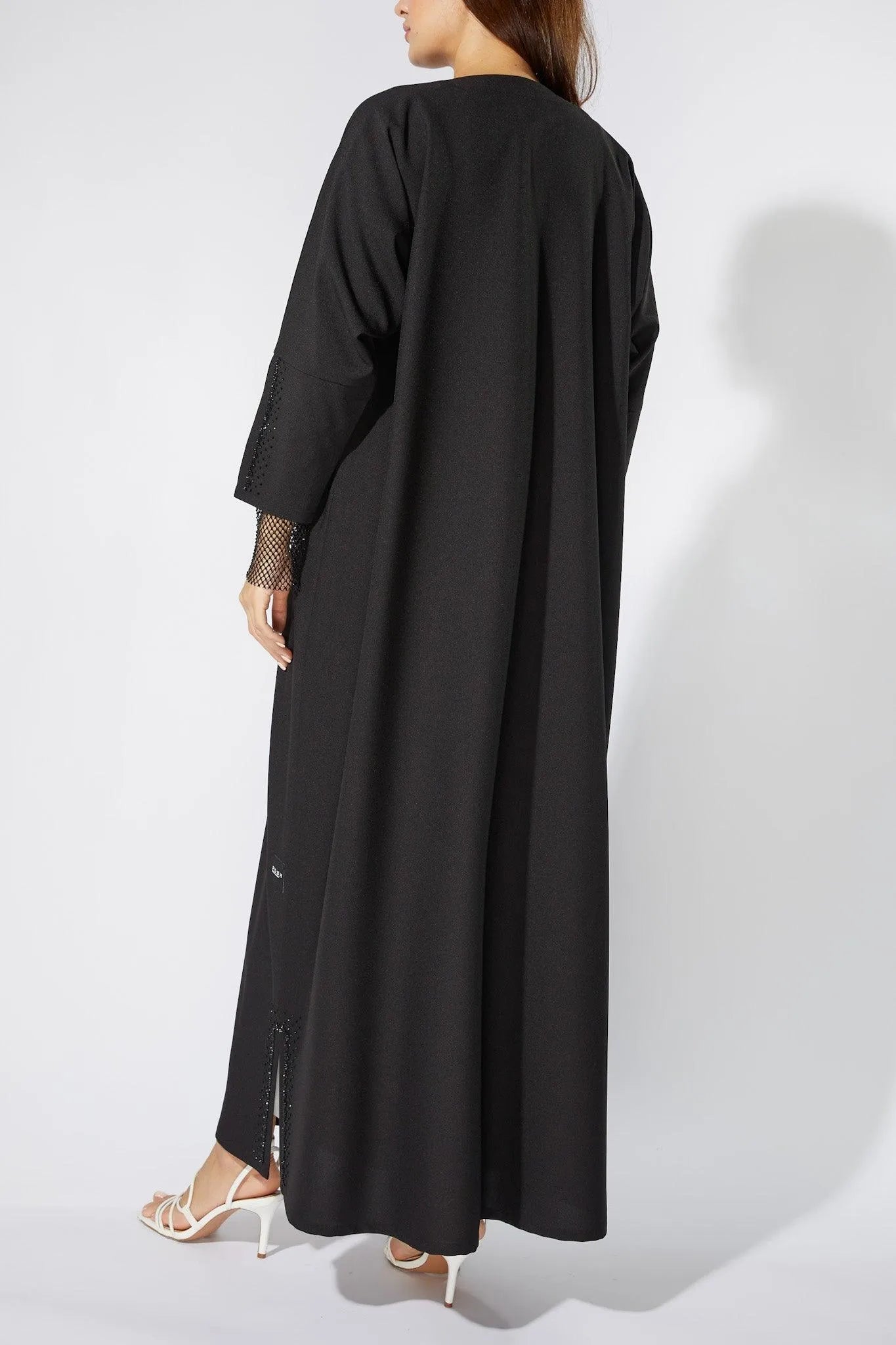 Black Classic Crepe Custom Abaya with Embellished sleeves - Posh Abaya